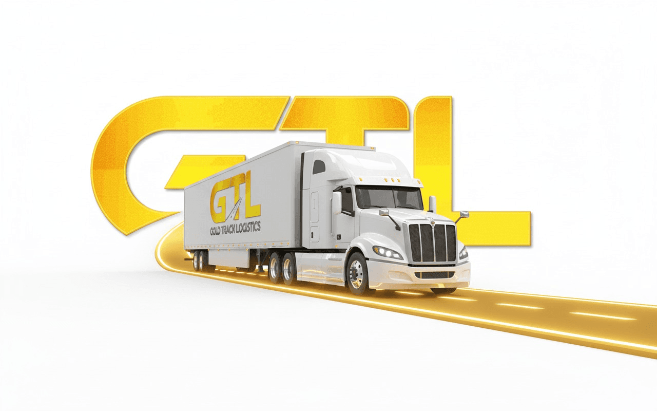 Gold Track Logistics truck illustration in front of gold GTL lettering