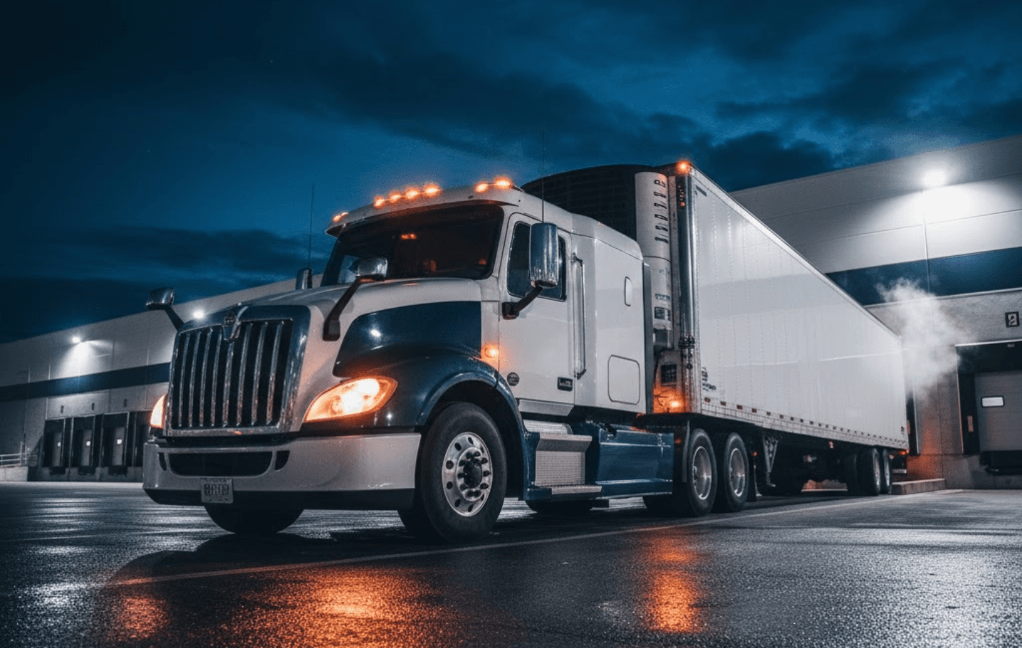 Tractor trailer at a loading dock at dusk