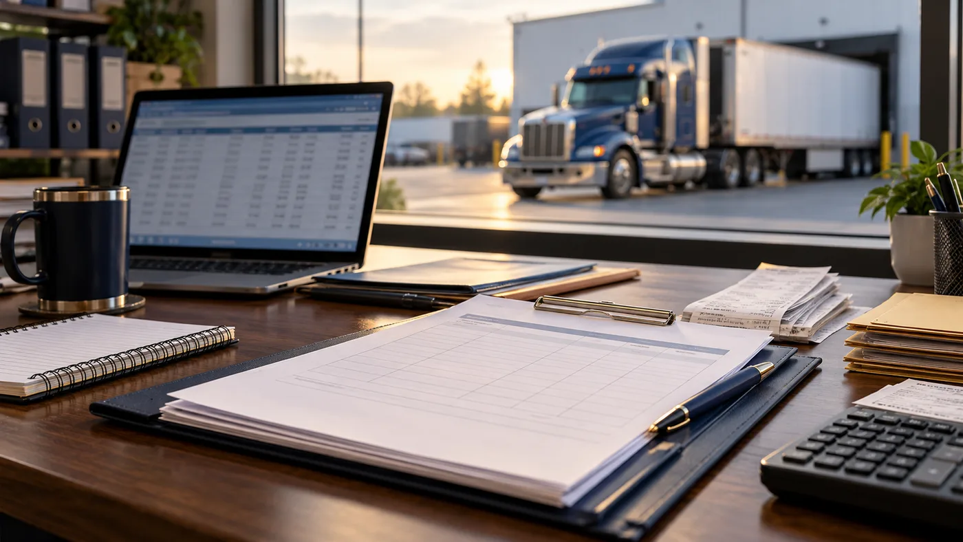 Illustrative carrier office desk with invoice records and a truck outside