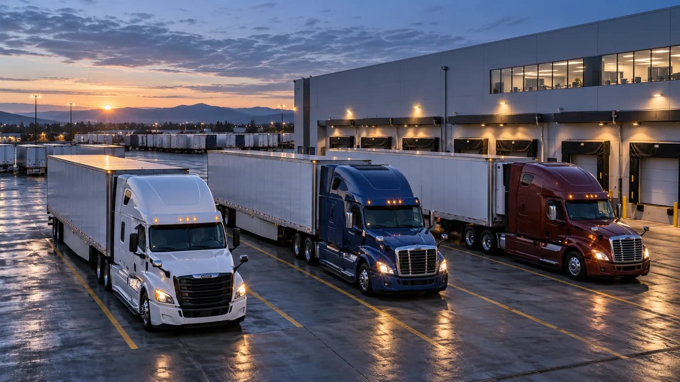 Illustrative group of three trucks at a freight terminal