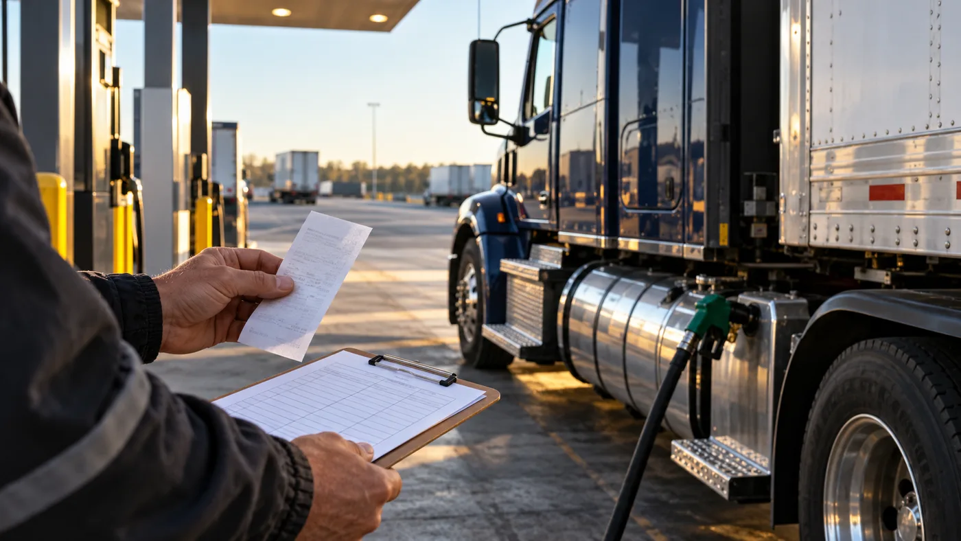 Illustrative truck fuel stop with receipt and trip records